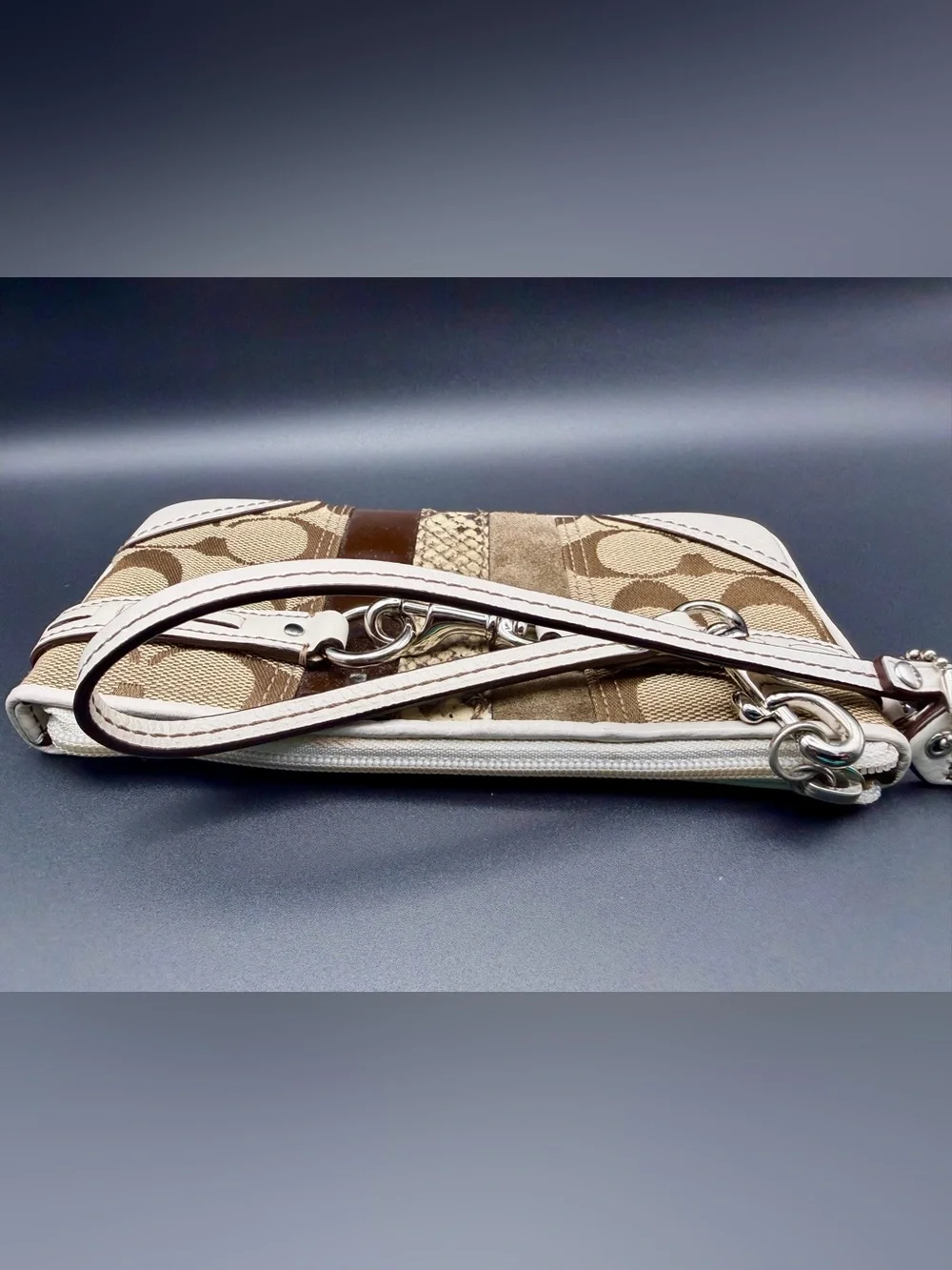 Coach Signature Patchwork Wristlet Clutch Y2K Khaki Cream Brown